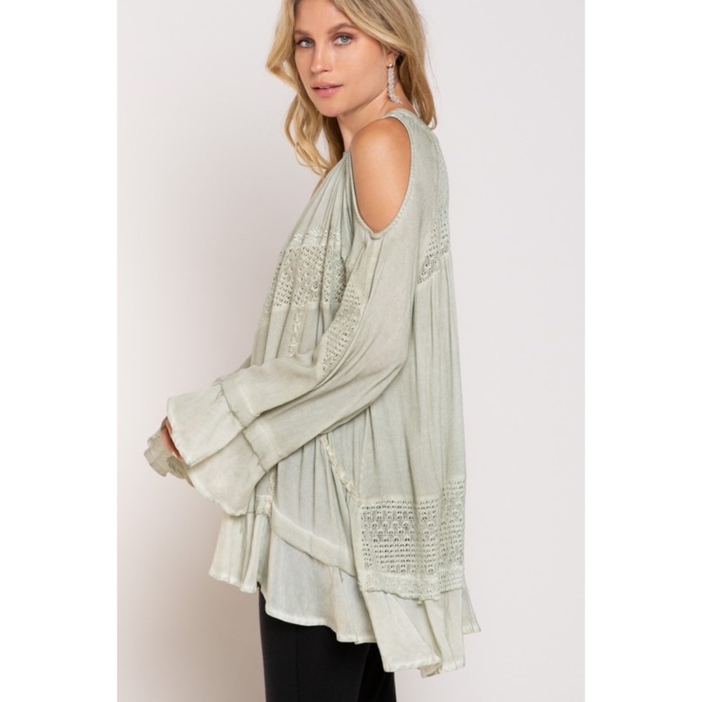 POL Sage Green Long Sleeve Lace Inset Ruffled Tunic Top - Picture 4 of 8